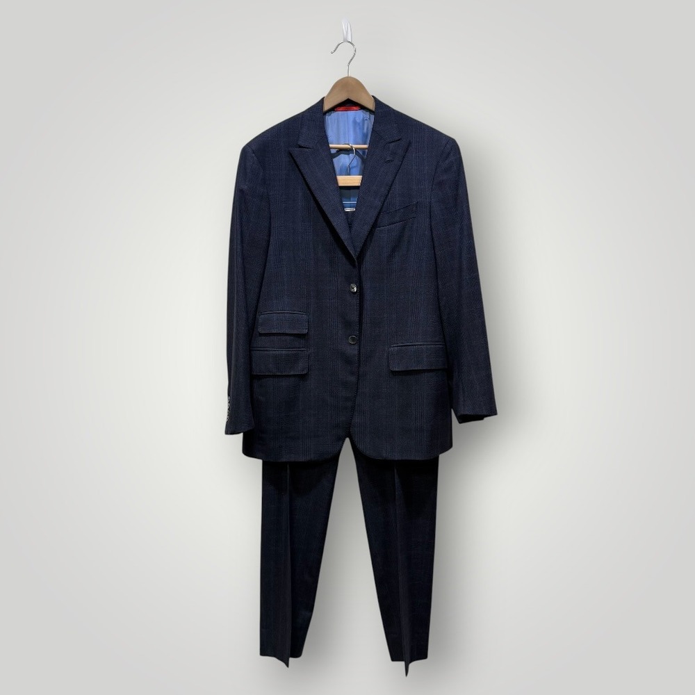 Isaia Napoli Mens Navy Blue Glen Plaid Super 130s Wool Suit IT 52 8R US 42R
